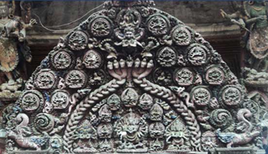 Intricate wood carving from Bhaktapur palace square.