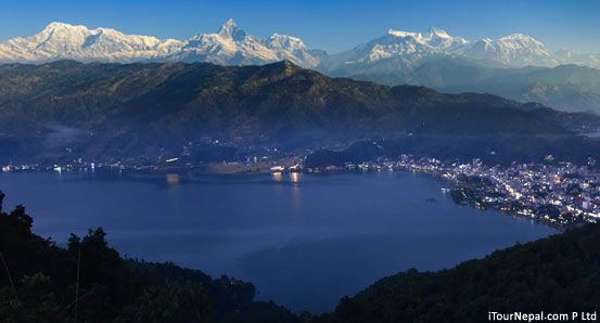 Pokhara view with Phewa Lake and the Annapurna Himalaya.