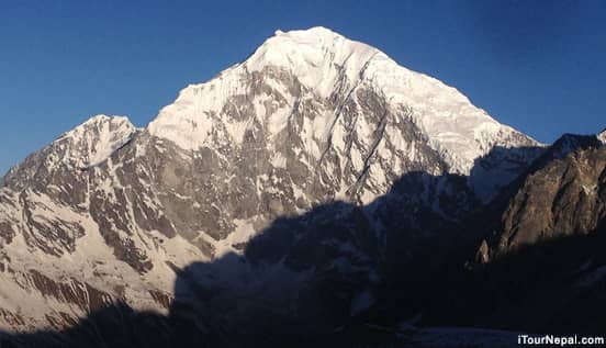 Langtang valley wedged between snow peaks.