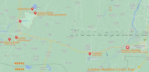 Lumbini, Kaplavastu Buddhist cirucit tour map