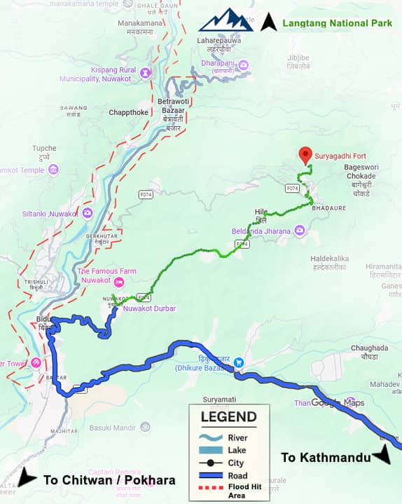 Nuwakot Durbar and Suryagadhi Hike Map